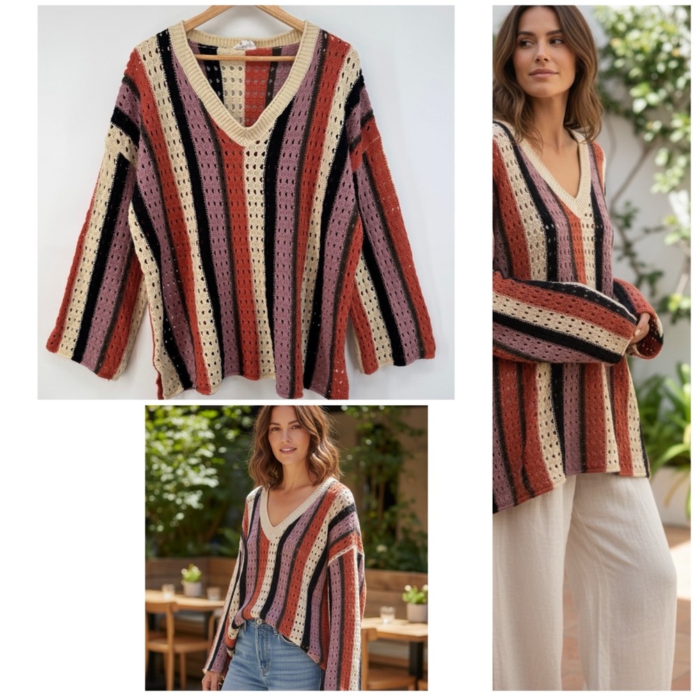 SPLA Boho Open-Knit Striped V-Neck Sweater Cozy meets Boho Crochet Style Sz M-L